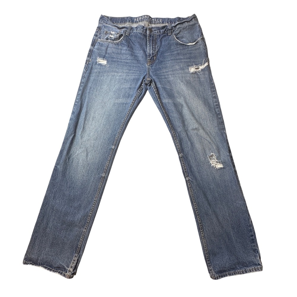 Aeropostale Jeans Mens 36x34 (36x32) Blue Bowery Slim Straight Distressed Denim
